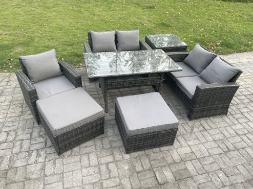 Fimous Outdoor Garden Dining Set Wicker PE Rattan Furniture Sofa with Rectangular Dining Table Double Seat Sofa Side Table 2 Big Footstool Dark Grey Mixed