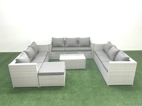 Fimous Rattan Garden Outdoor Furniture Set 10 Seater Garden Sofa Coffee Table Set with Big Footstool Light Grey Mixed
