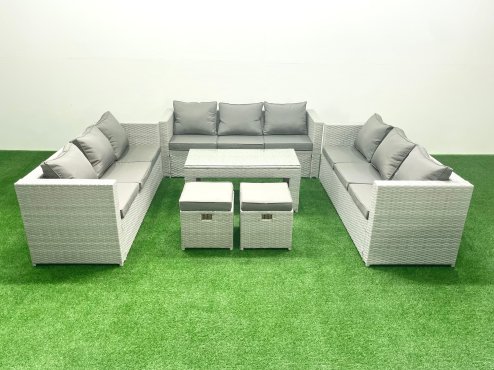 Fimous Rattan Garden Outdoor Furniture Set 11 Seater Garden Sofa Oblong Coffee Table Set with 2 Small Footstool Light Grey Mixed
