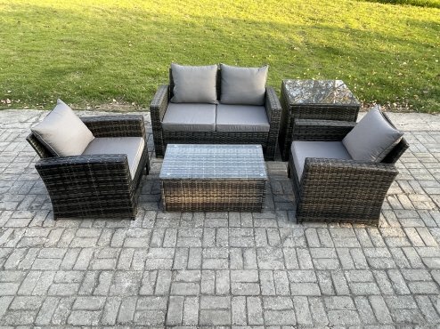 Fimous Outdoor Lounge Sofa Set Wicker PE Rattan Garden Furniture Set with Rectangular Coffee Table Double Seat Sofa Side Table Dark Grey Mixed