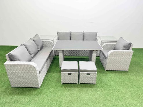 Fimous Rattan Garden Furniture Dining Set 9-seater Patio Rectangular Table Sofa Set with 2 Side Tables 2 Small Stools Light Grey