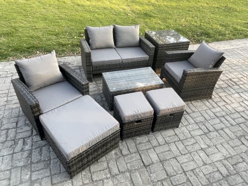 Fimous 7 Seater Outdoor Lounge Sofa Set Wicker PE Rattan Garden Furniture Set with Rectangular Coffee Table Double Seat Sofa 3 Footstools Side Table Dark Grey Mixed