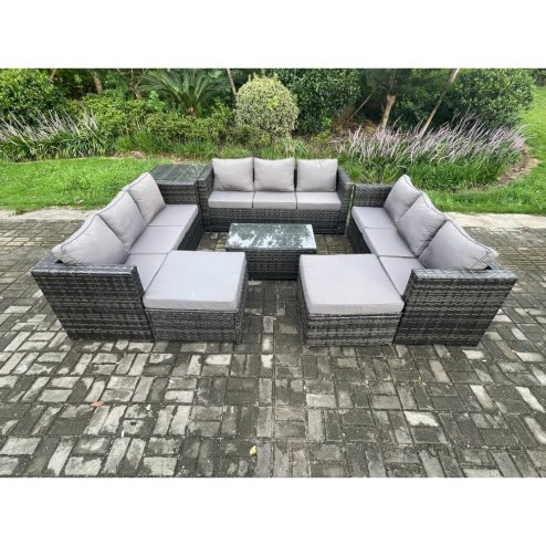 Fimous Outdoor Lounge Sofa Set Wicker PE Rattan Garden Furniture Set with Oblong Coffee Table Side Table 2 Big Footstool 11Seater Dark Grey Mixed