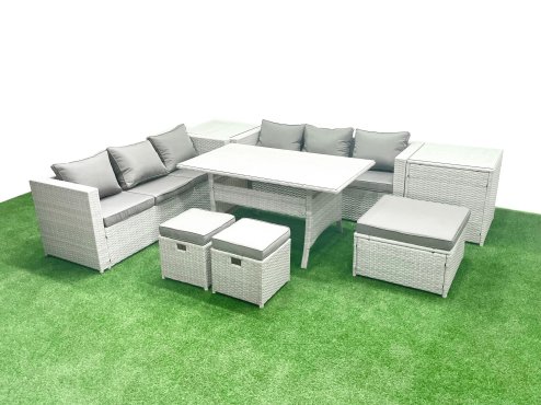 Fimous Rattan Garden Furniture Set 9 Seater Outdoor Sofa Set with Dining Table 2 Side Tables 3 Footstools Light Grey Mixed