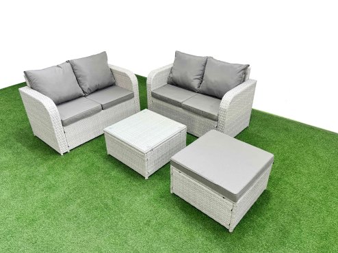 Fimous 5 Seater Outdoor Love Sofa Set Rattan Garden Furniture Set with Square Coffee Table Big Footstool Light Grey