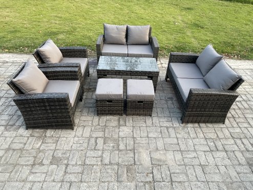 Fimous 8 Seater Dark Grey Mixed High Back Rattan Sofa Set Coffee Table Garden Furniture Outdoor Patio With Love Sofa Arm Chairs 2 Small Footstools