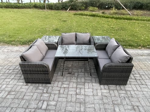 Fimous Rattan Garden Furniture Set 6 Seater Patio Outdoor Love Sofa Set with Rectangular Dining Table 2 Side Tables Dark Grey Mixed