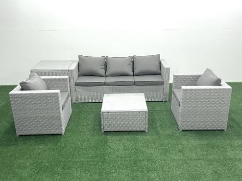 Fimous 5 Seater Rattan Garden Furniture Set with 3 Seater Sofa 2 Chair Square Coffee Table Side Table Light Grey Mixed
