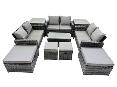 Fimous PE Rattan Garden Furniture Set Lounge Double Seat Sofa Coffee Table Set with 2 Side Tables 4 Stools Dark Grey MixedMixed