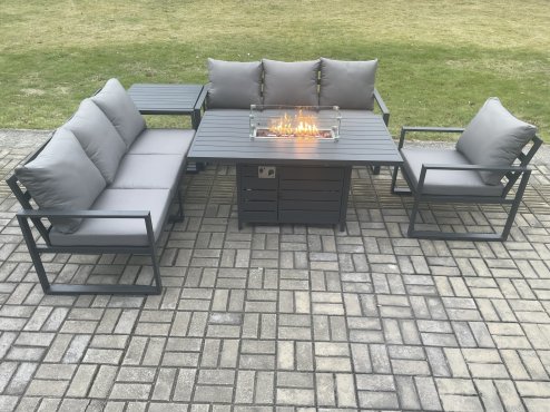 Fimous Aluminium Outdoor Lounge Sofa Garden Furniture Sets Gas Fire Pit Dining Table Set with Side Table Dark Grey