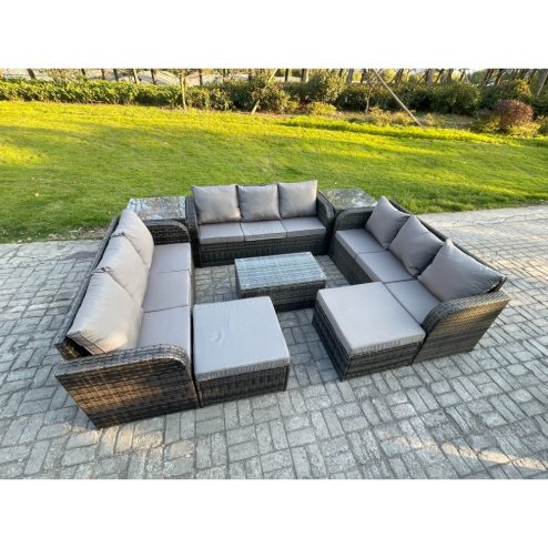 Fimous Outdoor Garden Furniture Sets 11 Seater Wicker Rattan Furniture Sofa Sets with Rectangular Coffee Table 3 Seater Sofa 2 Side Tables 2 Big Footstool Dark Grey Mixed