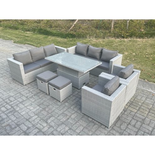 Fimous Rattan Garden Funiture Set Adjustable Rising Lifting Table Sofa Dining Set Lounge Sofa 2 Arm Chair Stool