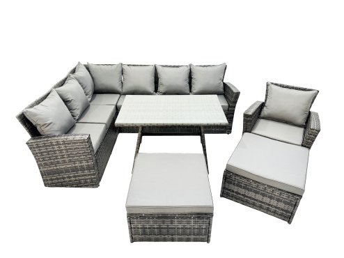 Fimous 9 Seat Rattan High Back Corner Sofa Set Patio Dining Table Set with Big Stool Dark Grey Mixed