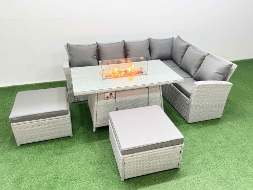 Fimous 8 Seat Rattan Garden Furniture Corner Sofa Set Outdoor Gas Fire Pit Table Set with 2 Big Footstools Light Grey