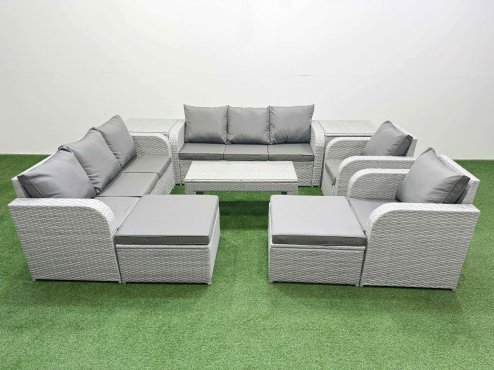 Fimous PE Rattan High Back Lounge Sofa Set Patio Oblong Coffee Table & Chairs Set with 3 Seater Sofa Reclining Chair 2 Big Footstool 2 Side Table Light Grey