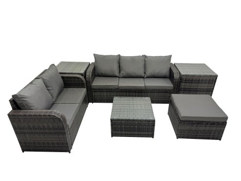Fimous Wicker PE Rattan Garden Outdoor Furniture Set Love Sofa Square Coffee Table Set with Big Stool 2 Side Tables Dark Grey Mixed