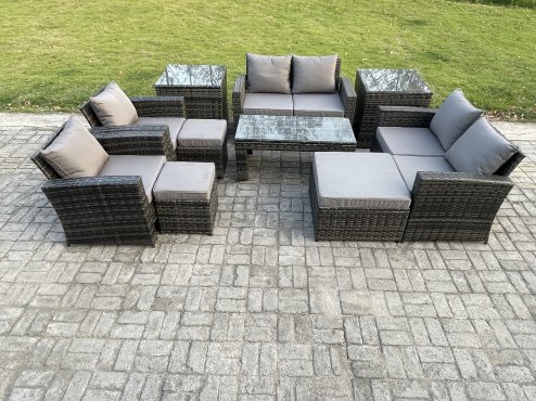 Fimous 9 Seater Dark Grey Mixed High Back Rattan Sofa Set Coffee Table Garden Furniture Outdoor Patio With Love Sofa Arm Chairs 3 Footstools 2 Side Tables