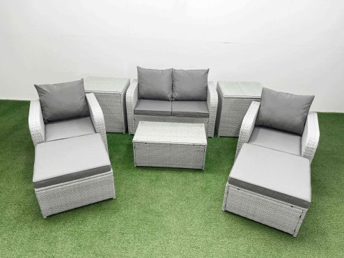 Fimous Light Grey PE Wicker Rattan Garden Furniture Set Sofa Set Reclining Adjustable Chair Rectangular Coffee Table 6 Seater 2 Big Stools 2 Side Table