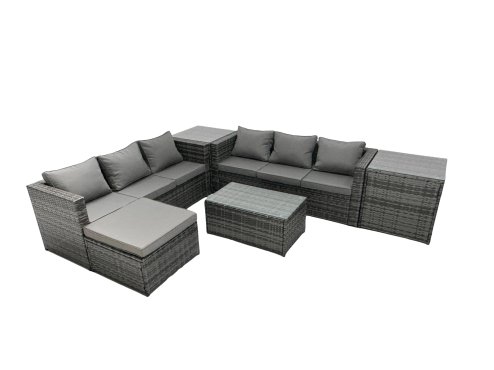 Fimous Rattan Garden Furniture Dining Set 7-seater Patio Coffee Table Sofa Set with 2 Side Tables Big Footstool Dark Grey Mixed