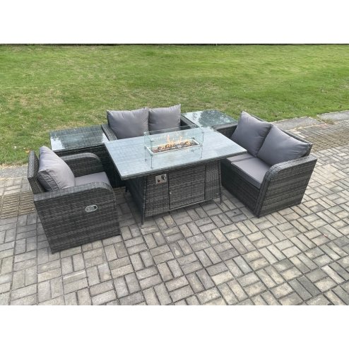 Fimous Rattan Garden Furniture Set with Gas Fire Pit Dining Table,2 Side Tables Indoor Outdoor 6 piece Love Sofa set