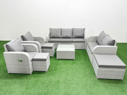 Fimous PE Rattan Garden Furniture Set Adjustable Chair Sofa Double Love Seat 2 Seater Sofa Lounge Set Square Coffee Table 3 Stools Light Grey