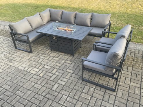 Fimous Aluminium Outdoor Garden Furniture Corner Sofa Gas Fire Pit Dining Table Sets Gas Heater Burner with 2 Chairs Dark Grey 8 Seater