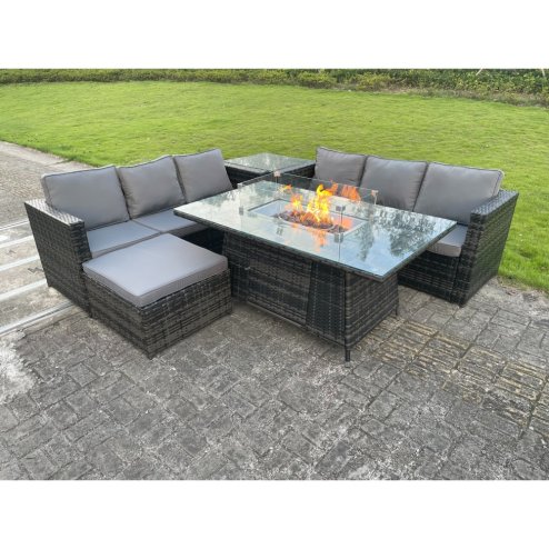 Fimous Outdoor Rattan Garden Furniture Gas Fire Pit Dining Table Sets Gas Heater Lounge Big Footstool Dark Mixed Grey 7 Seater