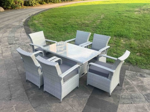 Fimous Light Grey Rattan Outdoor Garden furniture Set Height Adjustable Rising Lifting Table and 6 Chairs Set with Seat Cushion