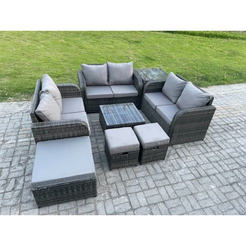 Fimous 9 Seater Outdoor Garden Furniture Sets Wicker Rattan Furniture Sofa Sets with Square Coffee Table Love seat Sofa 3 Footstools Side Table