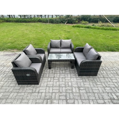 Fimous Patio Garden Furniture Sets Wicker 6 Seater Outdoor Rattan Furniture Sofa Sets with Rectangular Coffee Table Reclining Chair