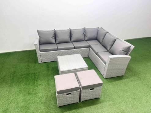Fimous Garden Outdoor PE Rattan Furniture Set 8 Seater Rattan Garden Sofa Set with Square Coffee Table Light Grey Mixed
