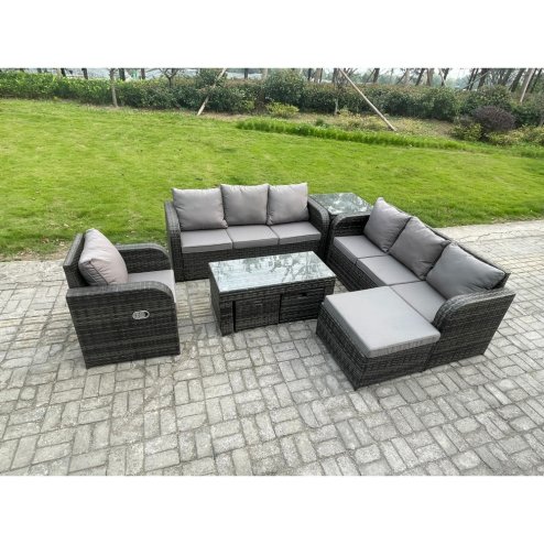 Fimous 10 Seater Outdoor Lounge Sofa Set Rattan Garden Furniture Set with Rectangular Coffee Table 3 Footstools 3 Seater Sofa Side Table Dark Grey Mixed