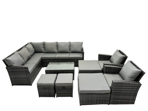 Fimous 12 Seat Poly Rattan Outdoor Patio Coffee Table Corner Sofa Sets with 4 Stools 2 Chairs for Garden Backyard Dark Grey Mixed