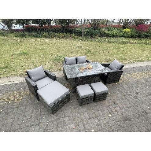 Fimous Rattan Outdoor Furniture Gas Fire Pit Rectangle Dining Table Gas Heater Chairs Two Seater Love Sofa Sets 3 Footstools 7 Seater