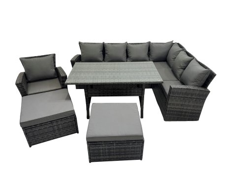 Fimous Rattan Garden Furniture Set Outdoor 9 Seater Patio Dining Corner Sofa Sets with Dining Table Chair Dark Grey Mixed