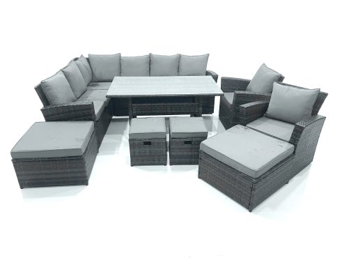 Fimous Outdoor Furniture Garden Dining Set Rattan Corner Sofa Set with 4 Footstools 2 Armchairs Dark Grey Mixed