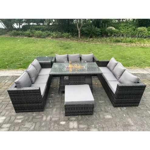 Fimous 10 Seater Rattan Garden Furniture Sofa Set Outdoor Patio Gas Fire Pit Dining Table Gas Heater Burner With Side Table Big Footstool Dark Grey Mixed
