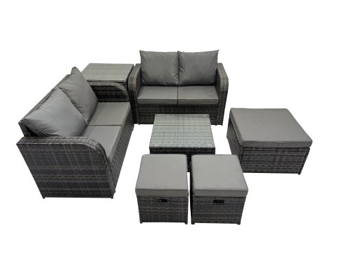 Fimous Rattan Garden Outdoor Furniture Set Love Sofa Square Coffee Table Set with Side Table 3 Stools Dark Grey Mixed