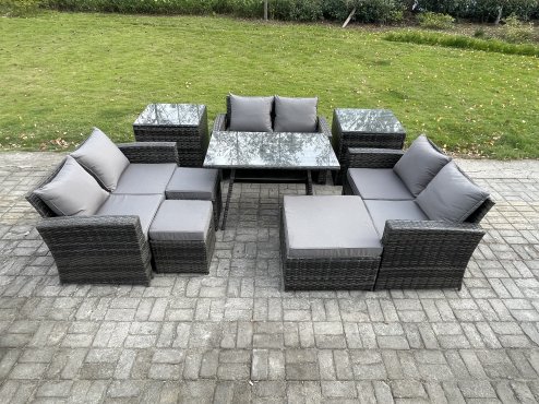 Fimous Outdoor Lounge Sofa Set Wicker PE Rattan Garden Furniture Set with Rectangular Dining Table 2 Seat Sofa 3 Footstools 2 Side Tables Dark Grey Mixed
