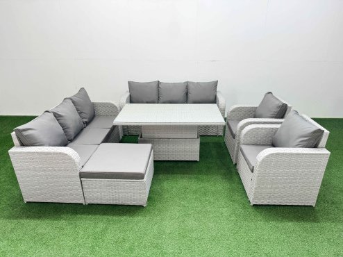 Fimous PE Rattan High Back Lounge Sofa Set Patio Adjustable Lifting Dining or Coffee Table & Chairs Set with 3 Seater Sofa Reclining Chair Big Footstool Light Grey