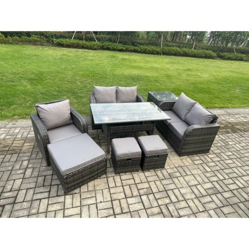 Fimous 8 Seater Lounge Rattan Sofa Set Outdoor Garden Furniture Oblong Rectangular Dining Table With Chairs 3 Footstools Side Table Dark Grey Mixed