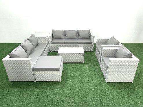 Fimous Outdoor Rattan Sofa Garden Furniture Set with 2 Armchairs Oblong Coffee Table Big Footstool Side Table Light Grey Mixed