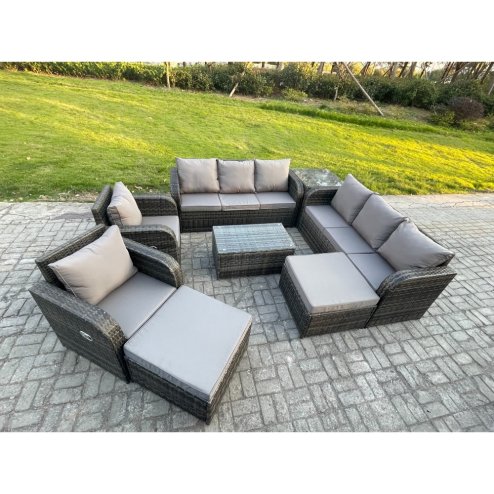 Fimous 10 Seater Rattan Outdoor Garden Furniture Sofa Set Patio Table & Chairs Set with 3 Seater Sofa Reclining Chair 2 Big Footstool 3 Seater Sofa Side Table Dark Grey Mixed