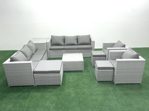 Fimous Outdoor Rattan Sofa Garden Furniture Set with 2 Armchairs Square Coffee Table 3 Footstools Side Table Light Grey Mixed
