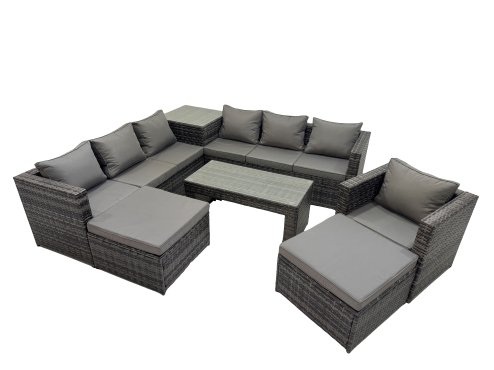Fimous Garden Rattan Outdoor Furniture Set 9 Seater Patio Corner Sofa Oblong Coffee Table with Chair 2 Big Stool Side Table Dark Grey