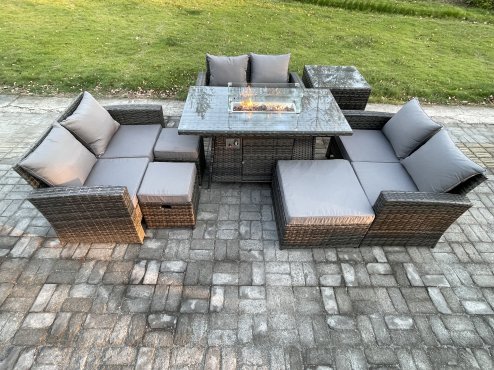 Fimous High Back Rattan Garden Furniture Sofa Sets with Outdoor Furniture Gas Firepit Dining Table Set 3 Footstools Side Table Dark Grey Mixed