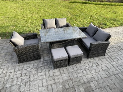 Fimous 7 Seater Rattan Outdoor Garden Furniture Sofa Set with 2 Small Footstool Dark Grey Mixed