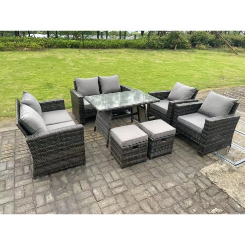 Fimous 8 Seater Outdoor Dark Grey Mixed High Back Rattan Sofa Dining Table Set Garden Furniture Love Sofa Chair 2Stools