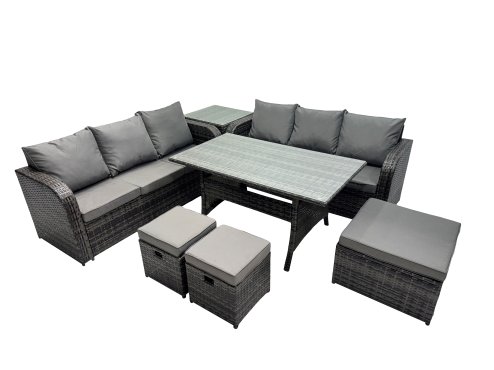 Fimous 9 Seat Outdoor Wicker PE Rattan Garden Furniture Set Dining Table Sofa Set with Side Table 3 Stools Dark Grey Mixed