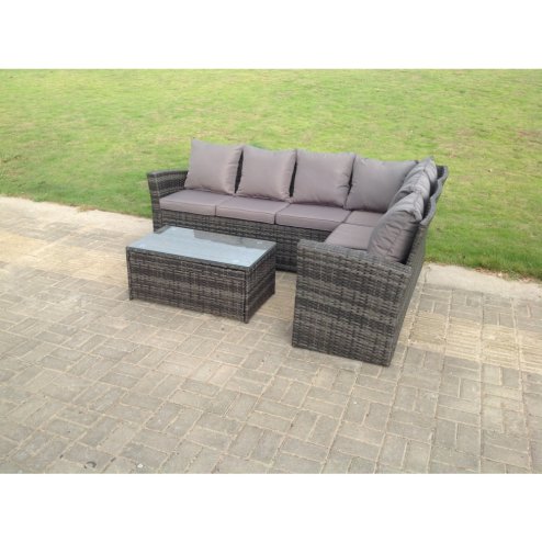 Fimous High Back Rattan Corner Sofa Set Oblong Coffee Table Outdoor Furniture dark Grey Right Option